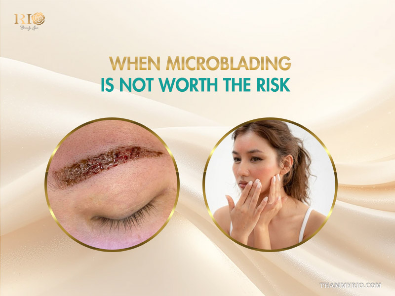 Severely infected eyebrow with scabbing and a worried woman wondering if microblading is it safe after poor results.