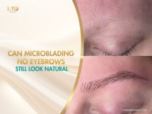 Photo comparing before and after microblading on a person with no eyebrows. top shows a close-up of a bare brow area, and bottom shows the same area with new microbladed eyebrow hair strokes, with text 'can microblading no eyebrows still look natural