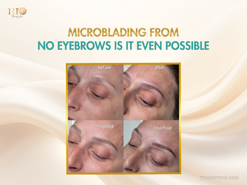 Three close-up examples of different techniques for microblading no eyebrows to achieve natural results at rio beauty spa.