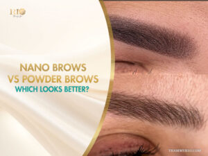 Comparison image for nano brows vs powder brows techniques, displaying realistic microbladed hair strokes (nano brows) on the top section and a soft, shaded gradient brow (powder brows) on the bottom section, featuring the RIO Beauty Spa logo.