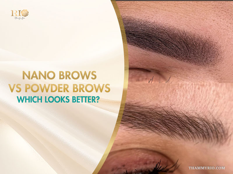 Comparison image for nano brows vs powder brows techniques, displaying realistic microbladed hair strokes (nano brows) on the top section and a soft, shaded gradient brow (powder brows) on the bottom section, featuring the RIO Beauty Spa logo.