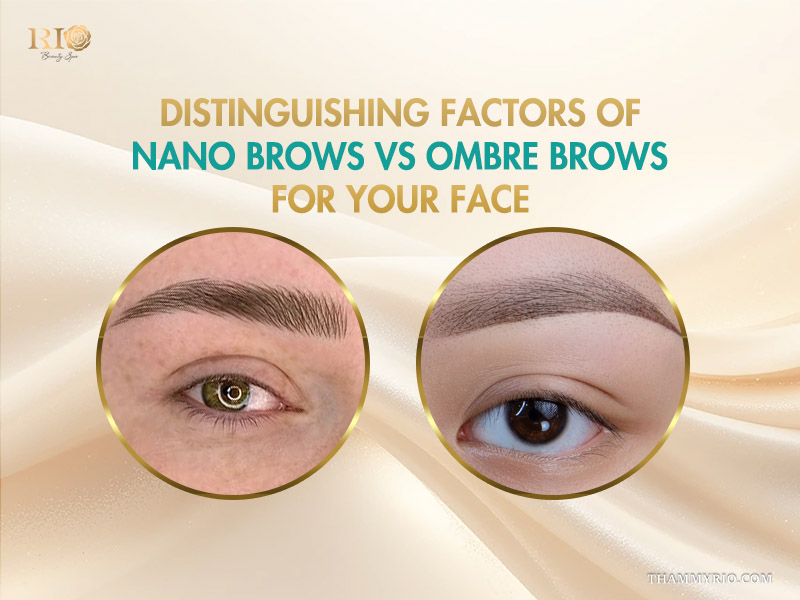 Comparing nano brows vs powder brows with natural hair strokes and realistic ombre shading techniques.