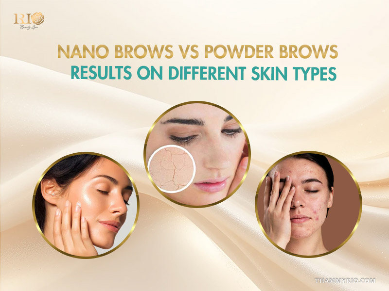 Comparison chart from Rio Beauty Spa showing nano brows vs powder brows results on dry, oily, and combination skin types.