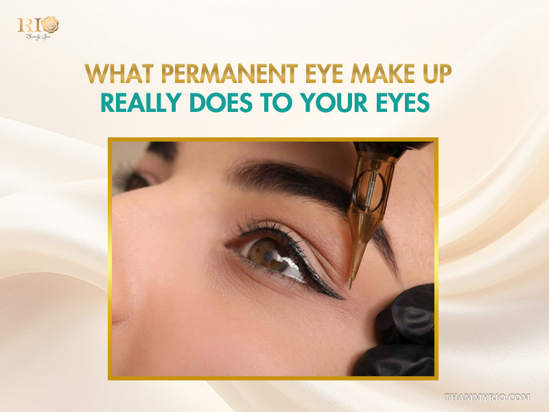 Close-up of the micro-pigmentation process for permanent eye make up eyeliner.