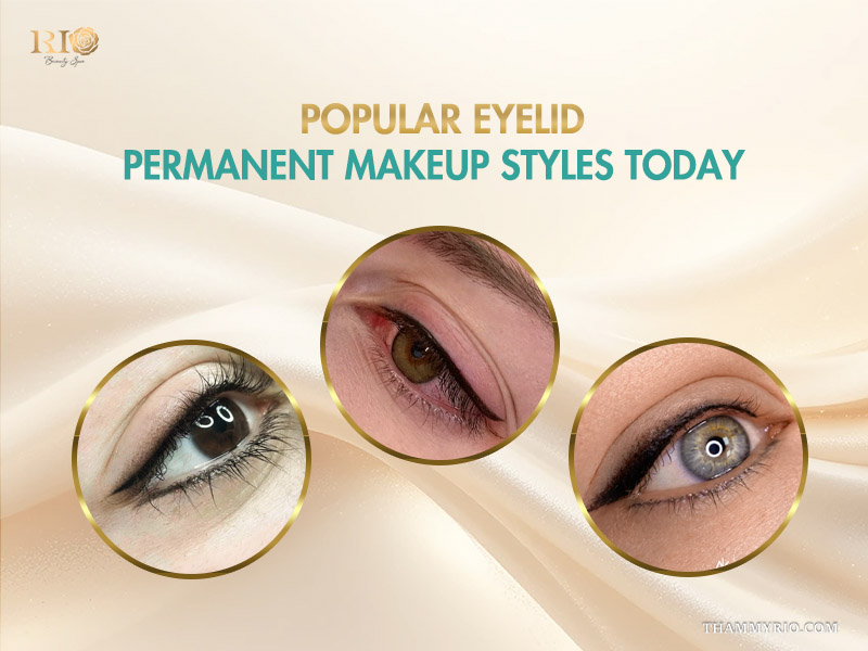 Three examples of permanent eye make up styles including winged eyeliner and lash enhancement.