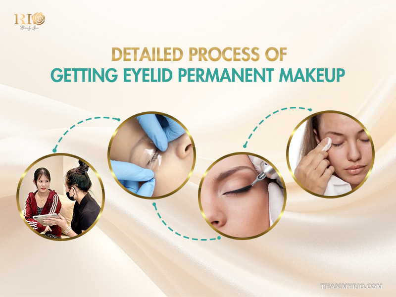Step-by-step procedure of eyelid permanent eye make up at a professional beauty spa.