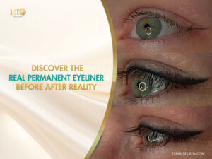 A collage of permanent eyeliner before after showing natural eyes vs winged eyeliner by rio beauty spa.