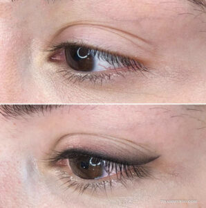 Close-up comparison of permanent eyeliner before after showing a soft shaded winged liner transformation on brown eyes.