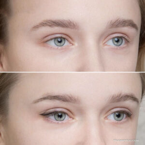 So sánh trước và sau khi phun xăm lông mày vĩnh viễn trên một phụ nữ có đôi mắt sáng