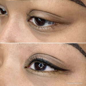 Permanent eyeliner before after on a woman with medium dark skin and a winged liner style.