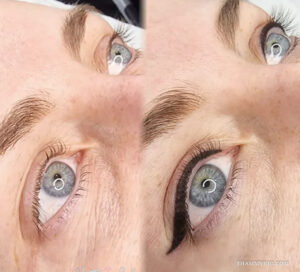 Close-up comparison of permanent eyeliner before after showing lash enhancement and winged eyeliner.