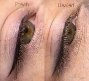 A macro comparison showing permanent eyeliner fresh on day 1 with dark intensity versus healed on day 30 showing soft, natural definition.