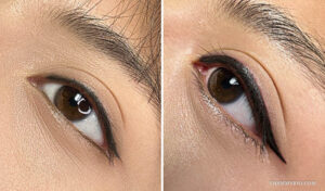 A professional comparison of permanent eyeliner before after showing a sharp winged eyeliner transformation on brown eyes.