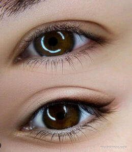 A precise comparison of permanent eyeliner before after showing a smoky shading effect on brown eyes.