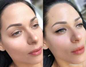 Permanent Makeup Before and After Comparison with Classic Eyeliner, Lip Blush, and Powder Brows