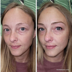 Brows and eyeliner permanent makeup before after transformation for a blonde-haired client.