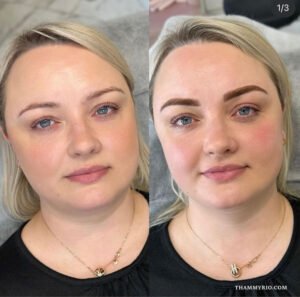 Ombre powder brows permanent makeup before after transformation for a blonde client.