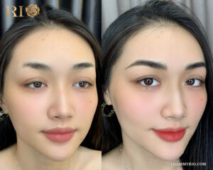 Natural brow and lip permanent makeup before after transformation on a young woman.