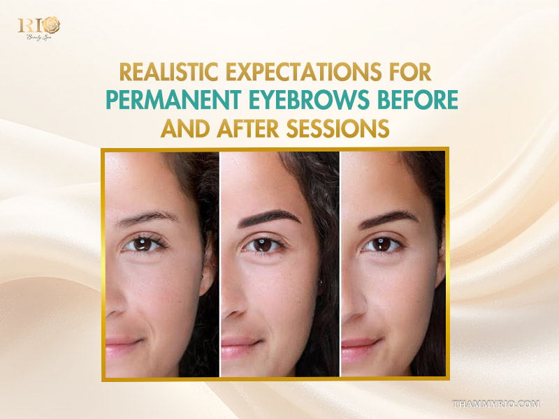 Three stages of permanent makeup before after eyebrow sessions showing healing and final realistic expectations.