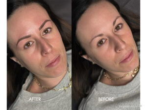 Professional brow permanent makeup before after transformation, showing sparse brows versus defined, shaped ones.