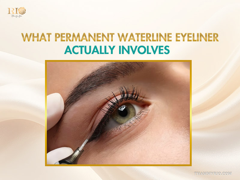 Close-up of a permanent waterline eyeliner procedure being performed on a woman's eye by a professional artist.