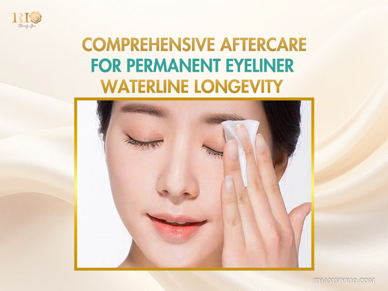 A woman gently cleaning her eye area as part of comprehensive aftercare for permanent waterline eyeliner.