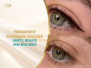 A woman gently cleaning her eye area as part of comprehensive aftercare for permanent waterline eyeliner.