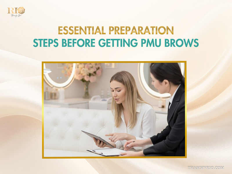 A professional consultant discussing essential preparation steps for pmu brows with a client using a tablet.