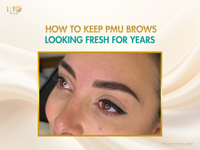 Closeup of woman's detailed pmu brows and eyes with liner on silk background, showing professional rio beauty spa work and aftercare title.