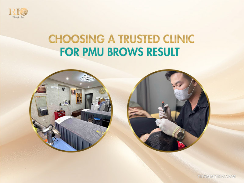 Collage image showing a clean beauty spa interior with treatments beds and a technician performing microblading on a client, for professional pmu brows results.