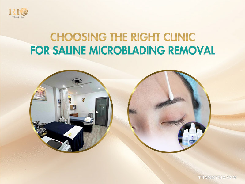 Professional clinic treatment room and procedure for saline removal for microblading on eyebrows.
