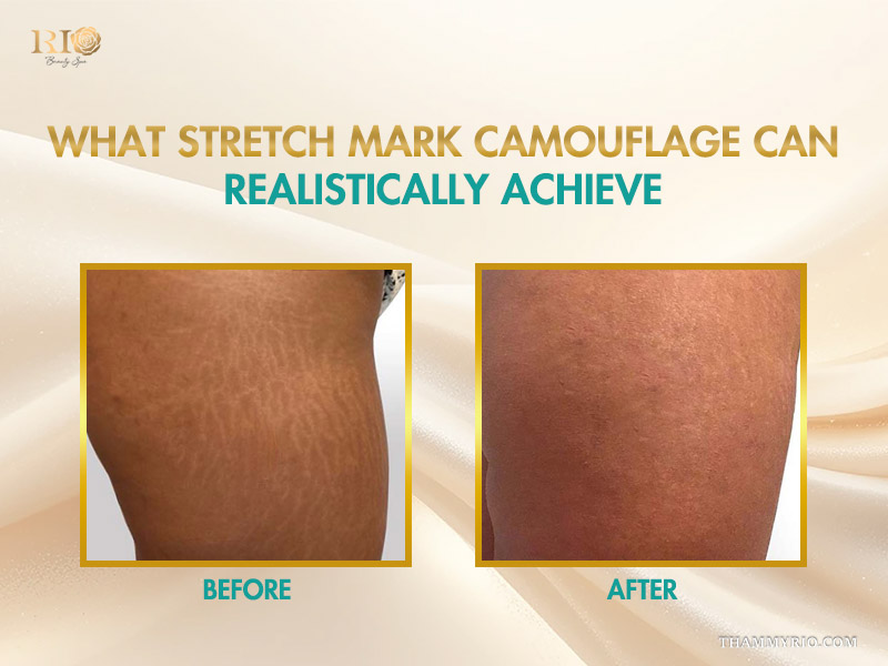 Realistic scar camouflage tattoo results for stretch marks on deep brown skin.