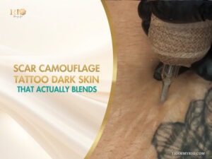 Scar camouflage tattoo on dark skin showing the process of blending scar tissue with surrounding skin tones using specialized inks at Rio Beauty Spa.