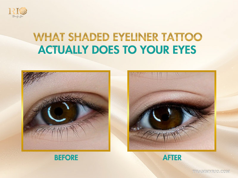 Before and after comparison of a shaded eyeliner tattoo treatment.