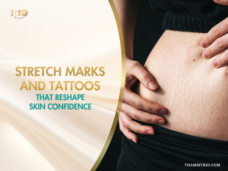 A person showing stretch marks and tattoos area on the abdomen to regain skin confidence.