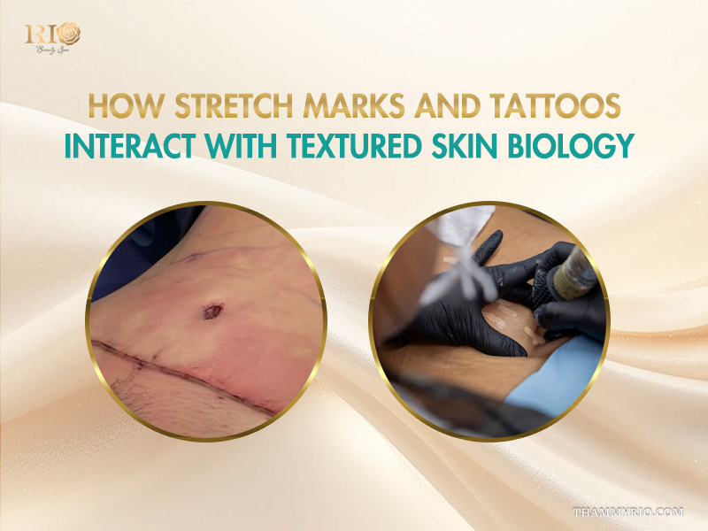 How stretch marks and tattoos interact with the unique biology of textured skin, showing a comparison and application.
