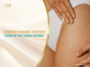 Close-up of white stretch marks on a woman's thigh before a stretch marks tattoo cover up procedure.