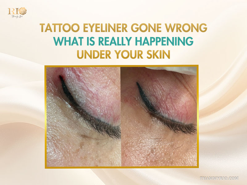 Before and after shots of tattoo eyeliner gone wrong showing ink migration and eyelid skin reaction.