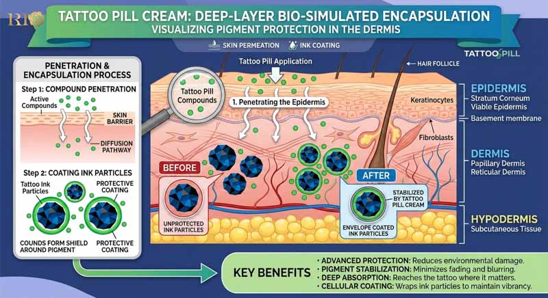 The specialized formula of Tattoo Pill aftercare cream designed for rapid skin healing.
