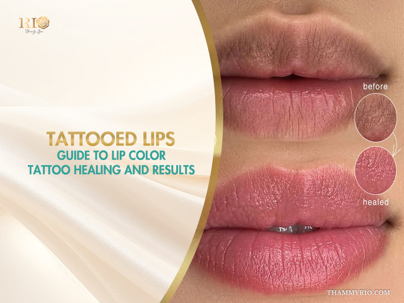 Before and after results of a lipstick tattoo for dark lip neutralization and pink color enhancement.