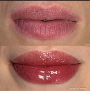 Natural lipstick tattoo before and after results with deep rose pigment and glossy finish.