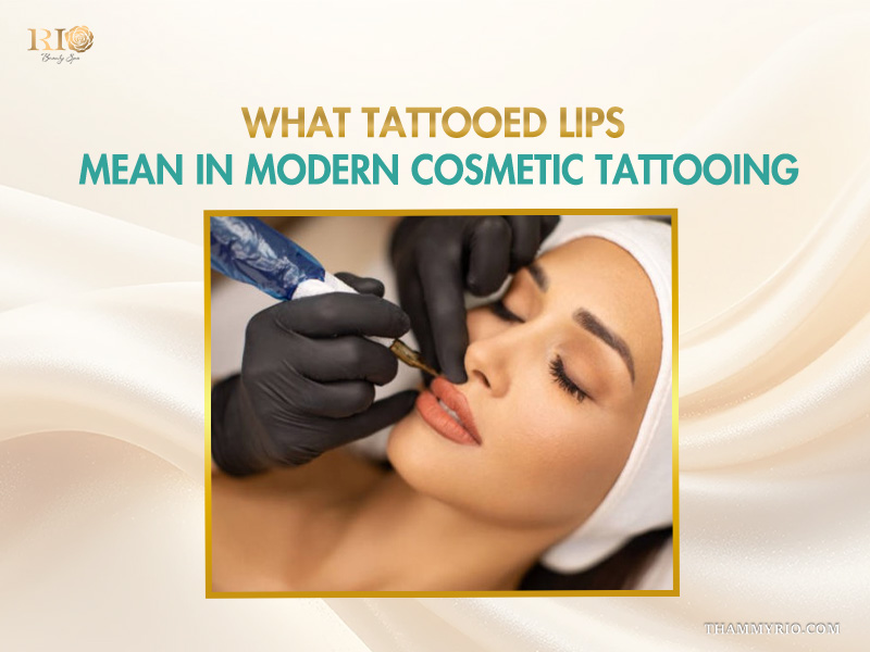 A professional technician performing a lipstick tattoo procedure on a client's lips using a specialized cosmetic tattooing pen.