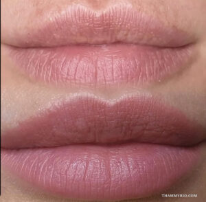 Natural lipstick tattoo before and after results for pale lips.