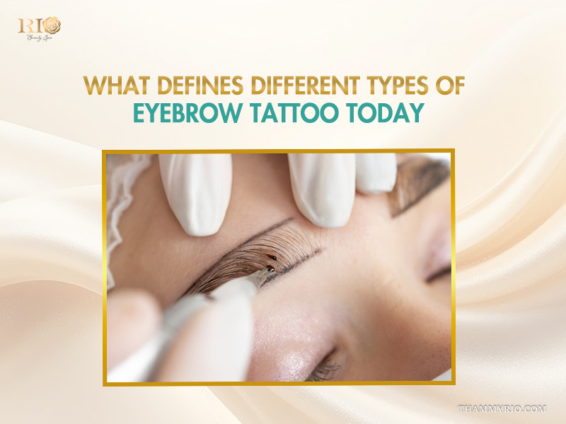 Close up of a professional artist performing one of the modern types of eyebrow tattoo using a digital machine.