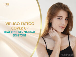 A young woman with vitiligo spots poses with her hand to her neck for a vitiligo tattoo cover up advertisement.