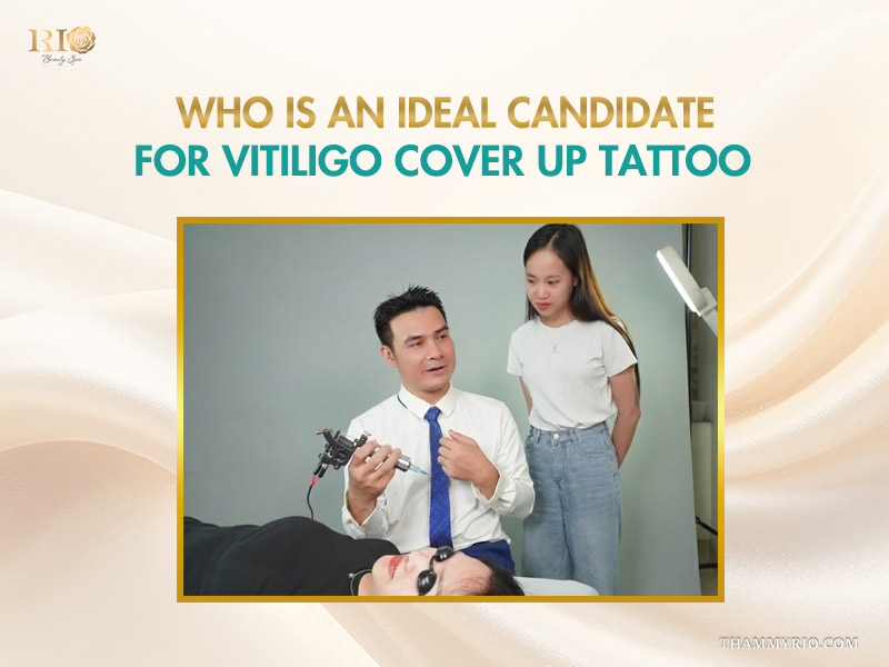 A professional technician holding a tattoo machine while consulting a client about vitiligo tattoo cover up at Rio Beauty Spa.
