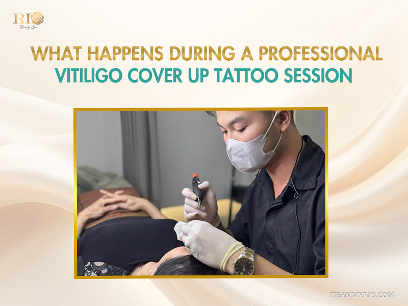 Professional vitiligo tattoo cover up session at Rio Beauty Spa showing a specialist performing medical micropigmentation on a client.