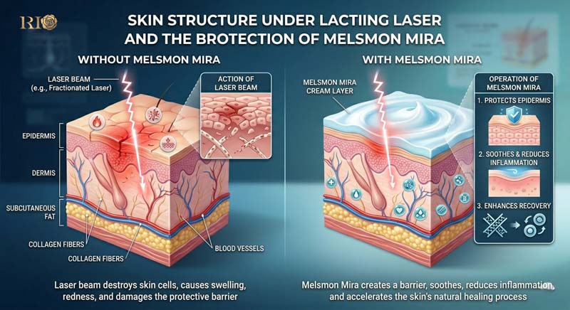 Skin structure diagram showing Melsmon Mira Tattoo Removal Recovery Cream protecting dermal layers and expelling ink after laser.