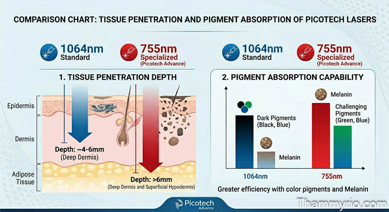 Technical specifications of Picotech Advance Laser showing the specialized 755nm wavelength for color tattoo removal.