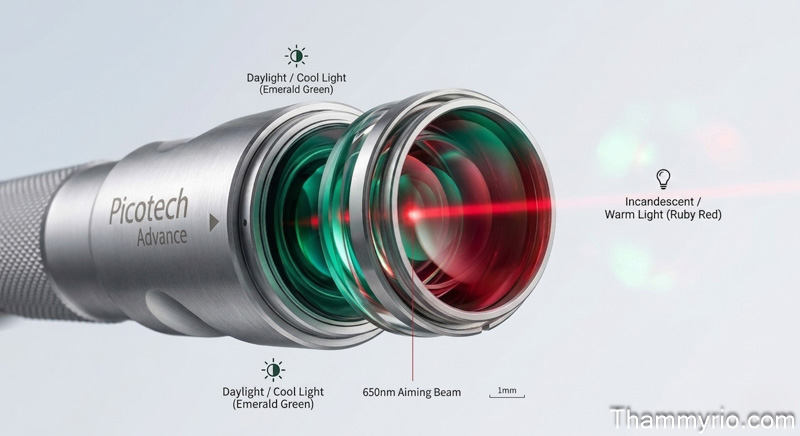 Specialized lens of Picotech Advance Laser emitting the signature Alexandrite 755nm light effect.